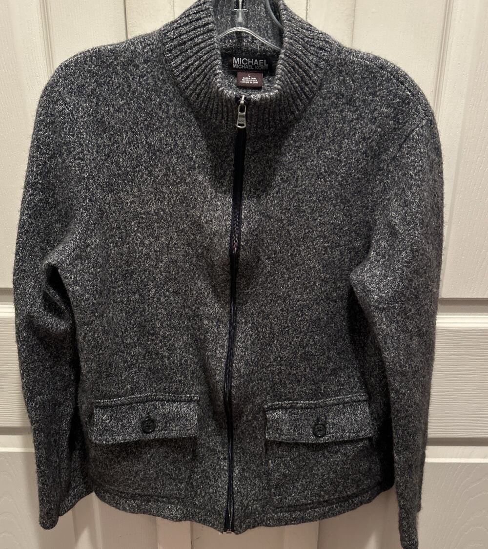 Michael Kors Full Zip Wool Blend Sweater Top Ladies Size LG Blue Long Sleeve